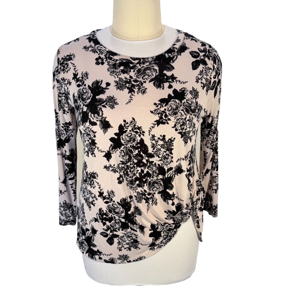 JODIFL Blouse Womens L fits to 2XL Black Cream Floral Long Sleeve Knot Hem
